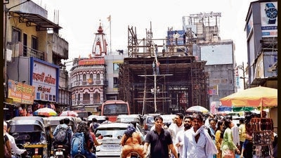 Construction of Dagadusheth Ganpati pandal underway in full swing near Kaka Halwai, Budhwar peth on Sunday. (Rahul Raut/HT PHOTO) Construction of Dagadusheth Ganpati pandal underway in full swing near Kaka Halwai, Budhwar peth on Sunday. (Rahul Raut/HT PHOTO)