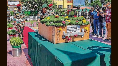 The Army on Sunday paid homage to and laid to rest its canine soldier ‘Axel’ who made the supreme sacrifice during an anti-terror operation (PTI) The Army on Sunday paid homage to and laid to rest its canine soldier ‘Axel’ who made the supreme sacrifice during an anti-terror operation (PTI)