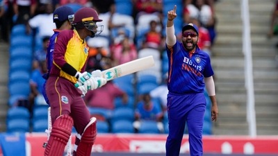 India's captain Rohit Sharma appeals for the wicket of West Indies' Akeal Hosein during the first T20 cricket match (AP) India's captain Rohit Sharma appeals for the wicket of West Indies' Akeal Hosein during the first T20 cricket match (AP)