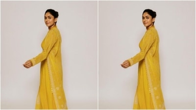Mrunal posed against a white backdrop and served fresh ethnic fashion inspo for her fans as she slayed the look to perfection. (Instagram/@mrunalthakur)