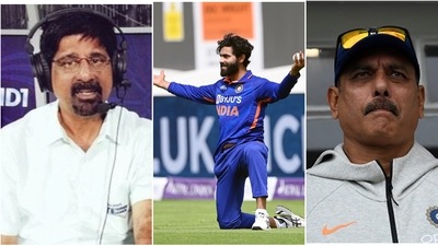From Left: Kris Srikkanth, Ravindra Jadeja and Ravi Shastri From Left: Kris Srikkanth, Ravindra Jadeja and Ravi Shastri