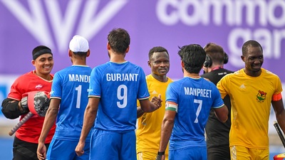 India and Ghana players after the Pool B of men's field hockey match at Commonwealth Games (PTI) India and Ghana players after the Pool B of men's field hockey match at Commonwealth Games (PTI)