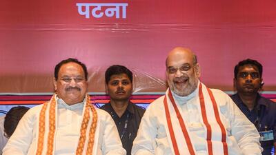 Union minister Amit Shah and BJP president J P Nadda in Patna on Sunday. (PTI) Union minister Amit Shah and BJP president J P Nadda in Patna on Sunday. (PTI)