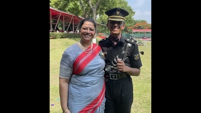 The image shows Major Smita Chaturvedi (Retd) on the left and her son on the right. (Twitter/@Def_PRO_Chennai) The image shows Major Smita Chaturvedi (Retd) on the left and her son on the right. (Twitter/@Def_PRO_Chennai)