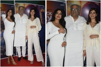 Janhvi Kapoor, Boney Kapoor and Khushi Kapoor all wore white at Good Luck Jerry screening. Janhvi Kapoor, Boney Kapoor and Khushi Kapoor all wore white at Good Luck Jerry screening.