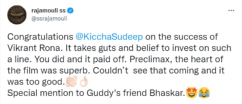 SS Rajamouli's tweet praising Vikrant Rona.