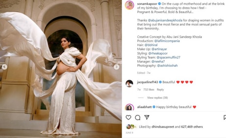 Sonam Kapoor recently did a maternity photoshoot with fashion designers Abu Jani and Sandeep Khosla. Sonam Kapoor recently did a maternity photoshoot with fashion designers Abu Jani and Sandeep Khosla.