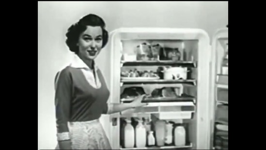 The image, taken from a 66-year-old fridge advertisement, shows a woman explaining the features of the refrigerator.&nbsp;(Twitter/@lostinhist0ry)