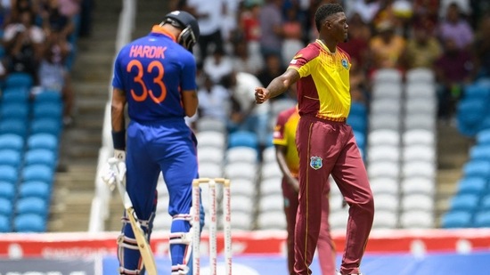 Alzarri Joseph celebrates the dismissal of India Hardik Pandya during the 1st T20I (Windies Cricket Twitter)