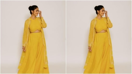 Mrunal, for the Sunday promotions, looked gorgeous in a yellow ensemble.(Instagram/@mrunalthakur)