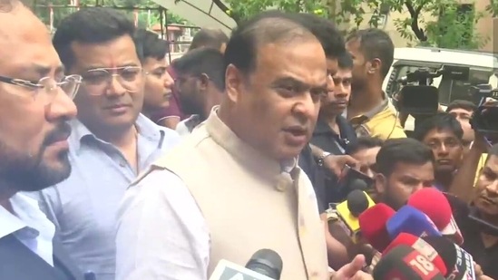 Assam chief minister Himanta Biswa Sarma talks to reporters on Sunday. (ANI)