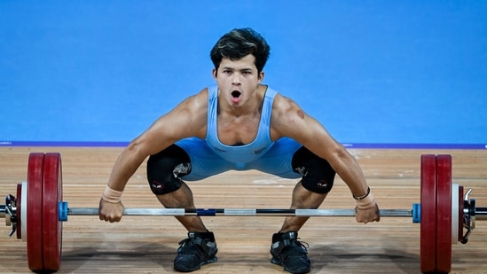 Jeremy Lalrinnunga competes in the men's 67kg category weightlifting at the Commonwealth Games 2022 (CWG), in Birmingham(PTI)