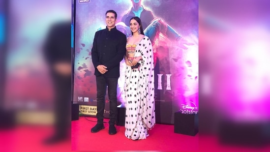 Kiara Advani earlier red carpet for the premiere of Laxmii. She donned a polka-dotted saree draped in a fancy way and teamed it with a vibrant multi-coloured blouse.(Instagram/@kiaraaliaadvani)