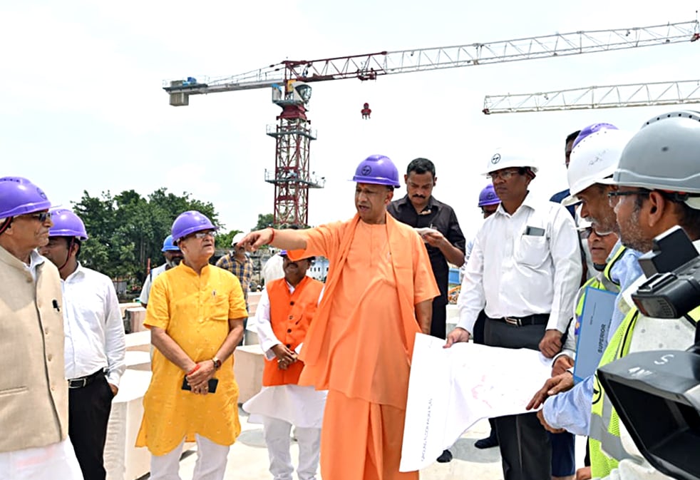 UP CM Yogi Adityanath inspects the Ram Temple's construction site, in Ayodhya on Sunday.&nbsp; (ANI photo)