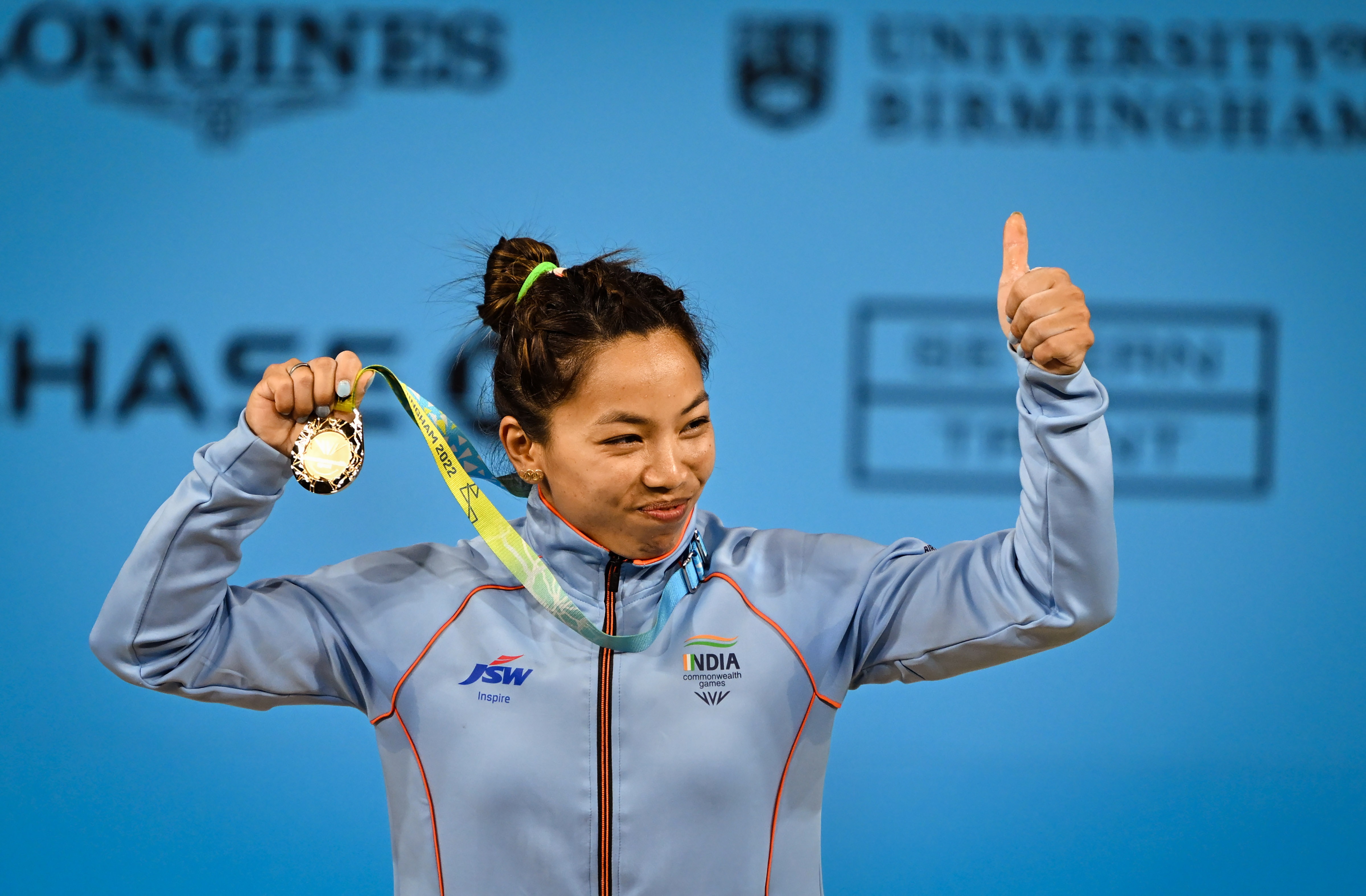 Saikhom Mirabai Chanu with her gold medal for Weightlifting in Women's 49kg event at the Commonwealth Games 2022, Birmingham. (PTI)