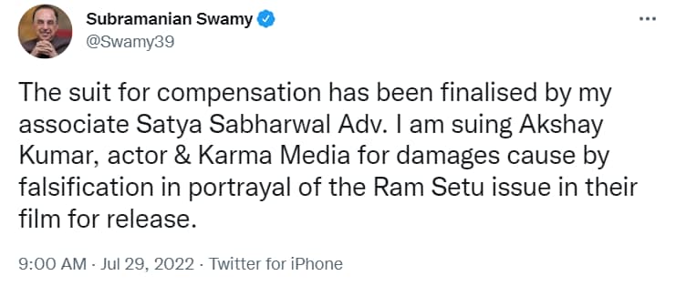Subramanian Swamy is going to sue Ram Setu makers.