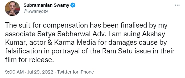 Subramanian Swamy to sue Ram Setu makers.