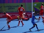 IND vs ENG Highlights: India celebrate a goal vs England at the Commonwealth Games.(REUTERS)