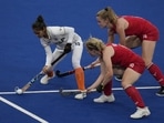 India's Nisha, left defends the ball during the pool A women's hockey match between India and Wales at the Commonwealth Games in Birmingham, England,(AP)