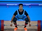 India's Achinta Sheuli in action during the men's 73kg weightlifting category match of the Commonwealth Games 2022 (CWG), in Birmingham.(PTI)