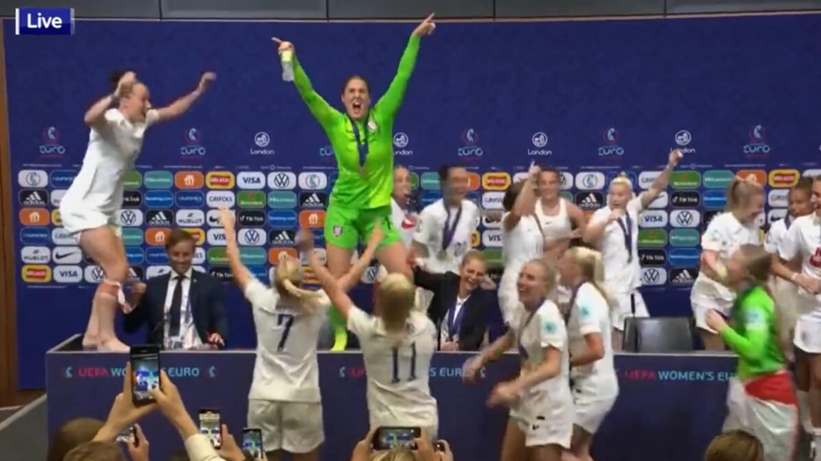 Watch: England players storm into head coach’s press conference, sing, dance on top of the table after Euros win