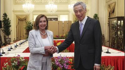 US House speaker Nancy Pelosi (left) and Singapore Prime Minister Lee Hsien Loong shake hands at the Istana Presidential Palace in Singapore, on Monday. (AP) US House speaker Nancy Pelosi (left) and Singapore Prime Minister Lee Hsien Loong shake hands at the Istana Presidential Palace in Singapore, on Monday. (AP)
