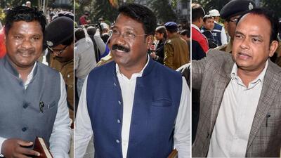 Congress MLAs Rajesh Kacchap, Naman Viksal and Irfan Ansari. Jharkhand Congress in-charge Avinash Pande suspended the three MLAs from the party after a huge amount of cash was found in a vehicle in which they were travelling, on Sunday. (PTI) Congress MLAs Rajesh Kacchap, Naman Viksal and Irfan Ansari. Jharkhand Congress in-charge Avinash Pande suspended the three MLAs from the party after a huge amount of cash was found in a vehicle in which they were travelling, on Sunday. (PTI)