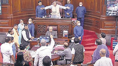 New Delhi, Aug 01 (ANI): Opposition MPs create a ruckus in the Well of Rajya Sabha during the Monsoon Session of Parliament, in New Delhi on Monday. (ANI Photo/Sansad TV) (ANI) New Delhi, Aug 01 (ANI): Opposition MPs create a ruckus in the Well of Rajya Sabha during the Monsoon Session of Parliament, in New Delhi on Monday. (ANI Photo/Sansad TV) (ANI)