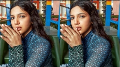 Styled by fashion stylist Pranita Shetty, Bhumi wore her tresses open in messy curls with a middle part and added a hair clip in one side. (Instagram/@bhumipednekar)