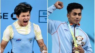 Jeremy Lalrinnunga (left), 19, and Achinta Sheuli (right), 20, at Commonwealth Games, 2022, in Birmingham. Jeremy Lalrinnunga (left), 19, and Achinta Sheuli (right), 20, at Commonwealth Games, 2022, in Birmingham.