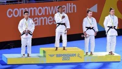Shushila Devi Likmabam with her silver medal at the podium. (Twitter/@WeAreTeamIndia)