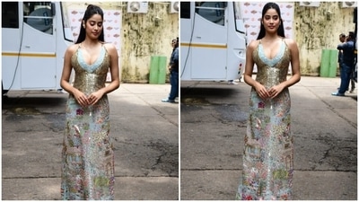 Janhvi wore the ensemble with minimal accessories, including an emerald-adorned statement ring, nude-coloured peep-toe high heels, and dainty gold ear studs. In the end, a sleeked-back hairdo with a half-tied top bun and half-open tresses rounded off the look. (HT Photo/Varinder Chawla) Janhvi wore the ensemble with minimal accessories, including an emerald-adorned statement ring, nude-coloured peep-toe high heels, and dainty gold ear studs. In the end, a sleeked-back hairdo with a half-tied top bun and half-open tresses rounded off the look. (HT Photo/Varinder Chawla)