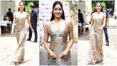 Janhvi's dress comes in hues of pastels, including blue, golden, orange, maroon, pink, green, yellow, lavender, brown and more colours. It has a modern silhouette, making it an ideal pick for wedding season or for attending a lowkey family function. Additionally, the bodycon fitting of the gown adds a feminine touch, accentuating Janhvi's curvy frame. (HT Photo/Varinder Chawla) Janhvi's dress comes in hues of pastels, including blue, golden, orange, maroon, pink, green, yellow, lavender, brown and more colours. It has a modern silhouette, making it an ideal pick for wedding season or for attending a lowkey family function. Additionally, the bodycon fitting of the gown adds a feminine touch, accentuating Janhvi's curvy frame. (HT Photo/Varinder Chawla)