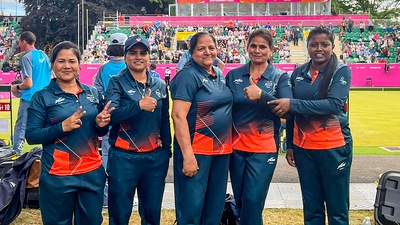 Birmingham: Indian women's fours lawn bowls team with their manager after they won the semi-final match by defeating New Zealand 16-13, at the Commonwealth Games 2022 (CWG), in Birmingham. They will be India's first ever lawn bowls medalists in Commonwealth Games. (PTI) Birmingham: Indian women's fours lawn bowls team with their manager after they won the semi-final match by defeating New Zealand 16-13, at the Commonwealth Games 2022 (CWG), in Birmingham. They will be India's first ever lawn bowls medalists in Commonwealth Games. (PTI)