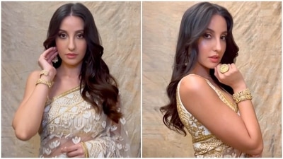 Nora Fatehi's sheer saree and sleeveless blouse is must-have in every new bride's wardrobe for the upcoming festivals (Instagram) Nora Fatehi's sheer saree and sleeveless blouse is must-have in every new bride's wardrobe for the upcoming festivals (Instagram)