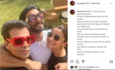 Karan Johar previously shared a picture with Rocky Aur Rani Ki Prem Kahani's lead actors Ranveer Singh and Alia Bhatt. Karan Johar previously shared a picture with Rocky Aur Rani Ki Prem Kahani's lead actors Ranveer Singh and Alia Bhatt.