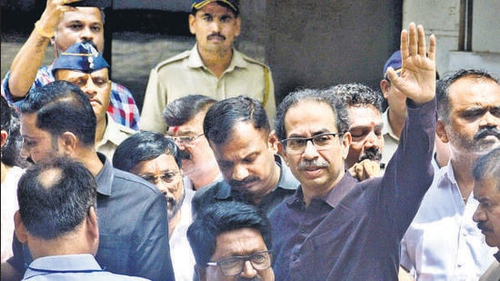 Mumbai, India - August 01, 2022: Shiv Sena president Uddhav Thackeray along with party MP Arvind Sawant, MLAs Ravindra Waikar and Ramesh Korgaonkar and Sena leader Milind Narvekar leave after meeting family members of MP Sanjay Raut at their Maitri residence after his arrest by Enforcement Directorate (ED), at Bhandup, in Mumbai, India, on Monday, August 01, 2022. (Praful Gangurde/HT Photo) (HT PHOTO)