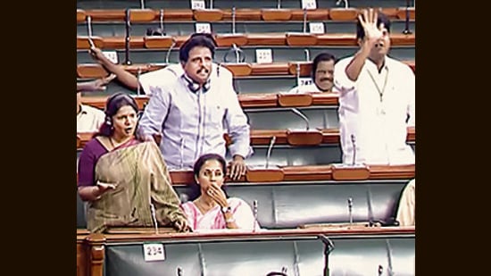 **EDS: TV GRAB** New Delhi: Opposition MPs in the Lok Sabha during ongoing Monsoon Session of Parliament, in New Delhi, Monday, Aug. 1, 2022. (SANSAD TV/PTI Photo)(PTI08_01_2022_000270A) (PTI)