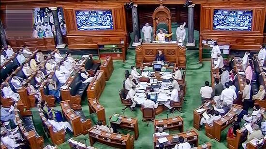 Members in the Lok Sabha during ongoing Monsoon Session of Parliament in New Delhi on Monday. (PTI/TV Grab)