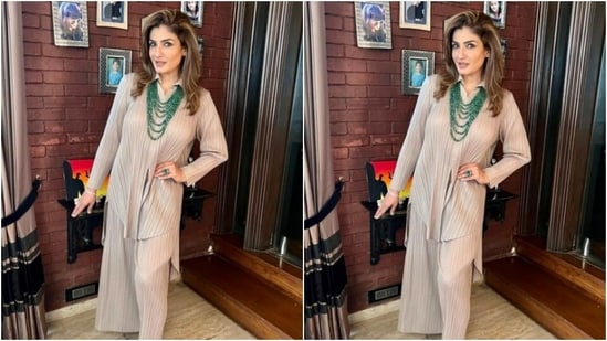 Raveena’s fashion diaries are treat for sore eyes. A few days back, the actor shared a set of pictures looking stunning in an ivory white pleated co-ord set.(Instagram/@officialraveenatandon)