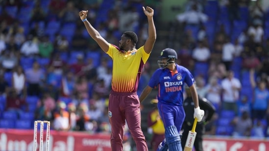 Rishabh Pant hits a six against West Indies during the second T20I at Warner Park in Basseterre, St. Kitts and Nevis(AP)