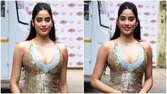 Actor Janhvi Kapoor is on a fashion roll as she promotes her recently-released film Good Luck Jerry and we are not complaining. The star has been dishing major sartorial moments during the promotional events, wearing printed maxi dresses and gorgeous sheer black sarees. And today, she served another head-turning look in Mumbai as she stepped out in an embellished gown worthy of its own runway moment.(HT Photo/Varinder Chawla)