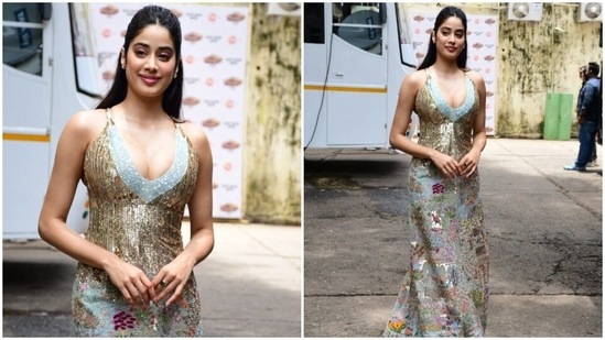 For the glam picks, Janhvi chose glossy berry-toned lip shade dewy base, blushed cheeks, subtle pink eye shadow, mascara on the lashes, beaming highlighter, on-fleek brows, and sharp contouring.(HT Photo/Varinder Chawla)