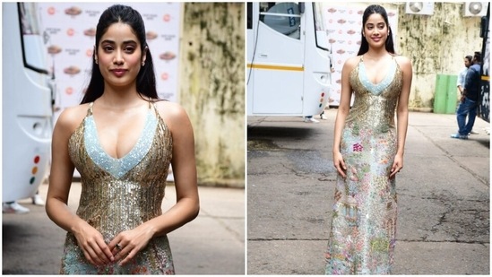 Janhvi's multi-hued gown also features a plunging V neckline and back, sequinned embellishments done all over, floral thread embroidery, floor-grazing hem length, a fitted bodice, and double halter straps.(HT Photo/Varinder Chawla)
