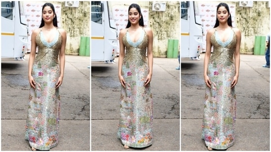 On Monday, the paparazzi clicked Janhvi in Mumbai as she promoted her recently-released film Good Luck Jerry. The star even smiled for the cameras and flaunted her OOTD (outfit for the day) in the pictures. She stepped out in the bay dressed in a gown from designer Rahul Mishra's clothing label. It is from the designer's The Tree of Life collection, displayed at the Haute Couture Week.(HT Photo/Varinder Chawla)