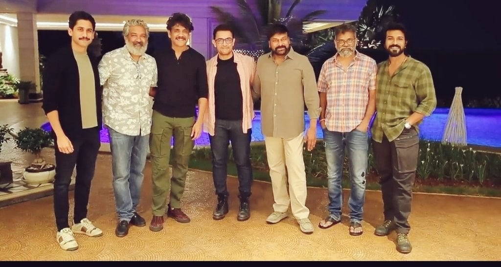 Naga Chaitanya and Aamir Khan with Chiranjeevi, Nagarjuna, SS Rajamouli, and Sukumar. Naga Chaitanya and Aamir Khan with Chiranjeevi, Nagarjuna, SS Rajamouli, and Sukumar.