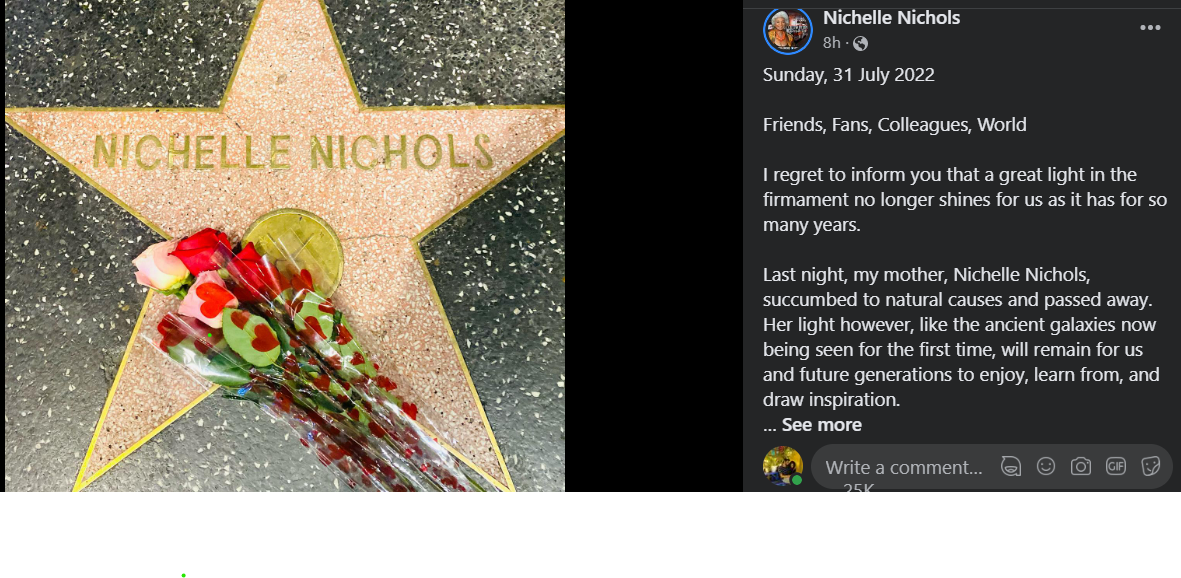 Nichelle Nichols dies at 89.