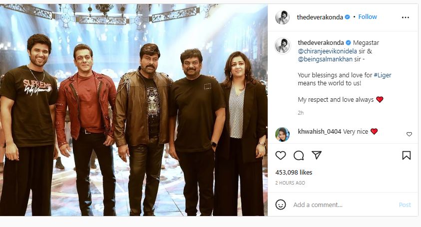 Vijay also shared a picture in which he stood next to Salman and Chiranjeevi.