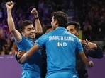 India’s Achanta Sharath Kamal, Harmeet Desai, Sanil Shetty and Sathiyan Gnanasekaran celebrate after winning the gold medal in the table tennis men’s, at the Commonwealth Games 2022.(Birmingham 2022 Twitter)
