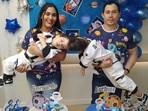 Handout picture released by Rio de Janeiro's State Health Department shows Brazilian conjoined twins Bernardo (L) and Arthur (R) with their parents Adriely and Antonio Lima in Rio de Janeiro, Brazil.&nbsp;(AFP)